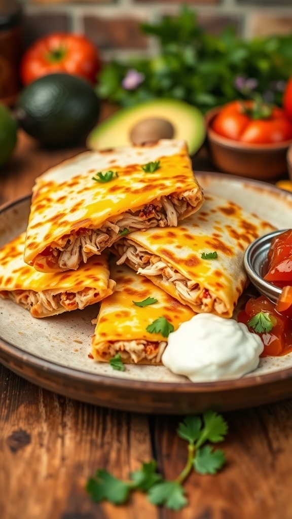 Cheesy chicken quesadilla cut into wedges with salsa and sour cream on a rustic plate.